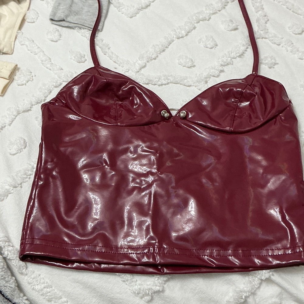 Women's Burgundy Faux Leather Top